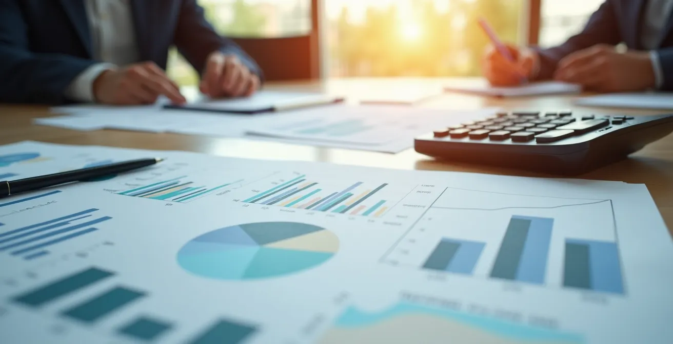 Gros plan sur une table de réunion avec documents d'appels d'offres, graphiques et calculatrice, éclairage cinématographique et profondeur de champ réduite.