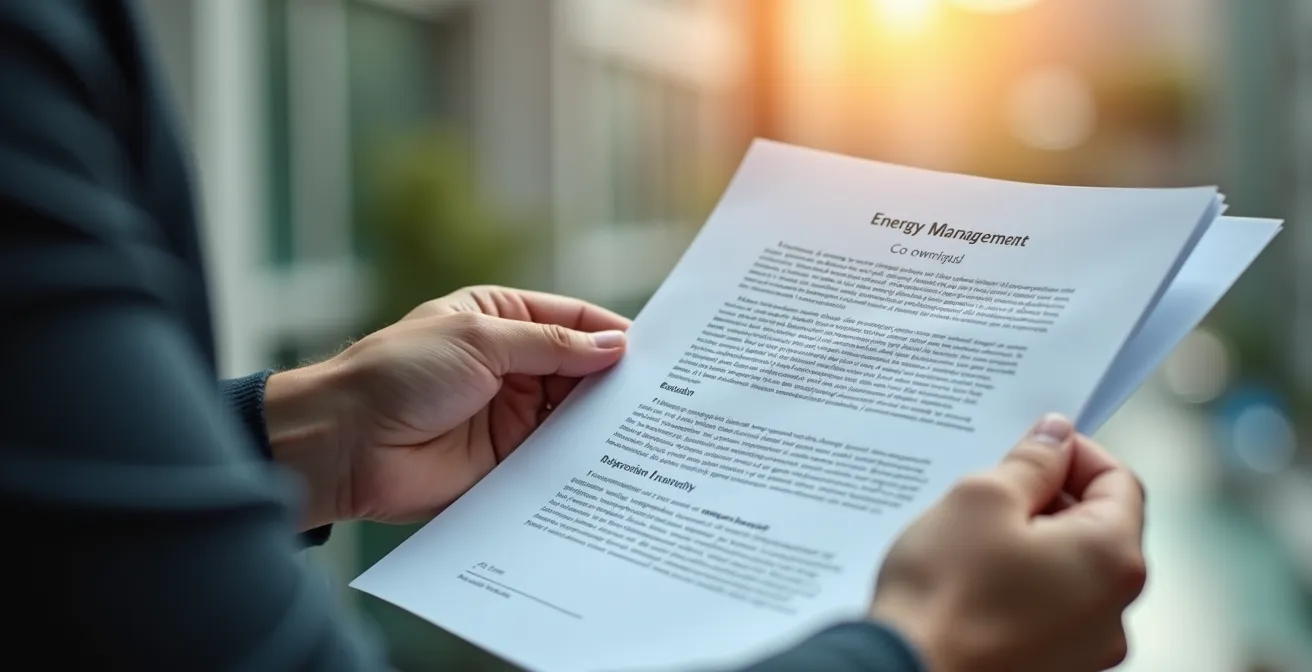 Détail macro d'une main tenant des documents officiels sur la gestion énergétique d'une copropriété avec texture papier, éclairage cinématographique et flou doux en arrière-plan.