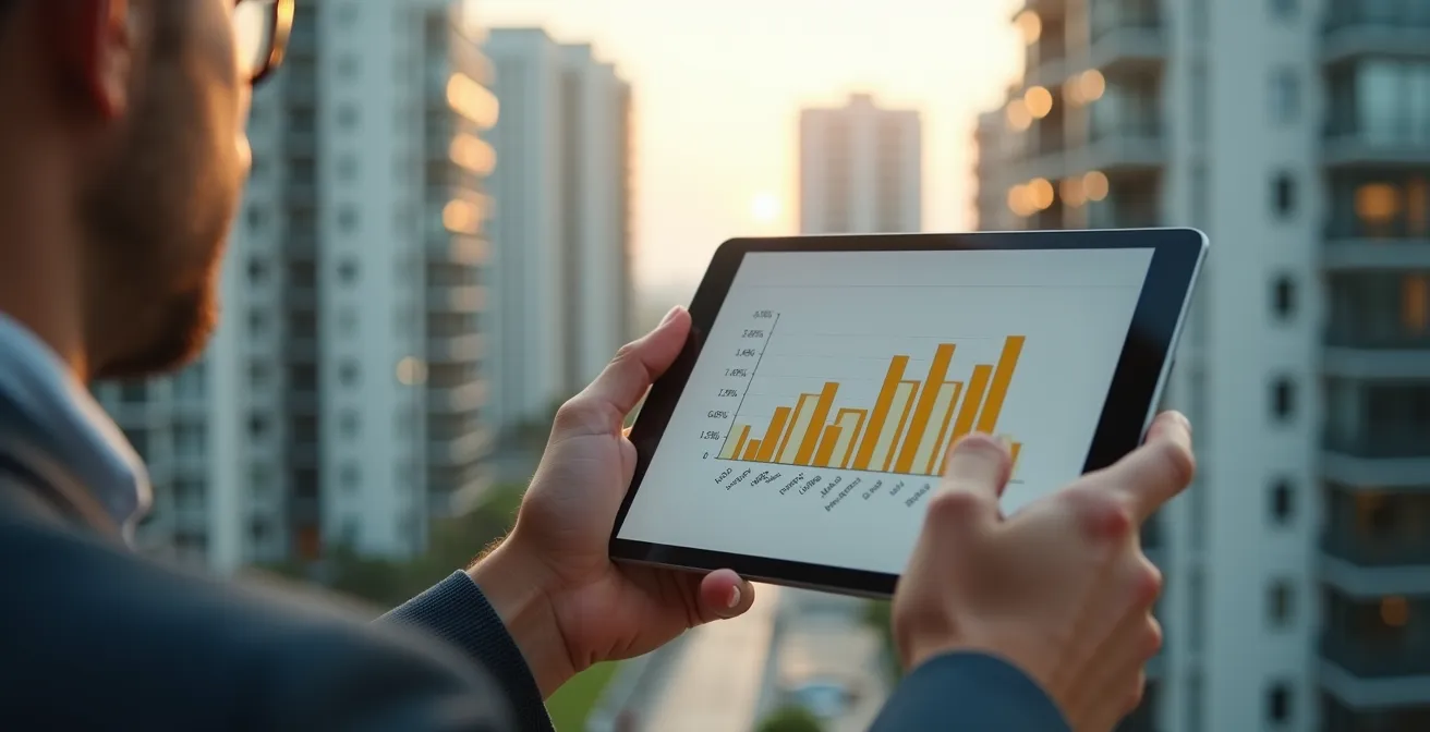 Photographie réaliste d'un syndic de copropriété tenant une tablette numérique affichant des graphiques énergétiques, avec en arrière-plan un immeuble résidentiel moderne, un éclairage naturel doux et une composition symétrique avec espace négatif à droite.