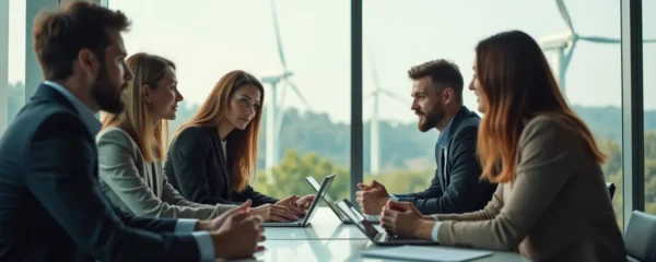 Une photographie réaliste d'une réunion professionnelle où plusieurs dirigeants discutent autour d'une grande table moderne, avec en arrière-plan des panneaux solaires et des éoliennes floues en bokeh naturel, lumière douce et ambiance dynamique