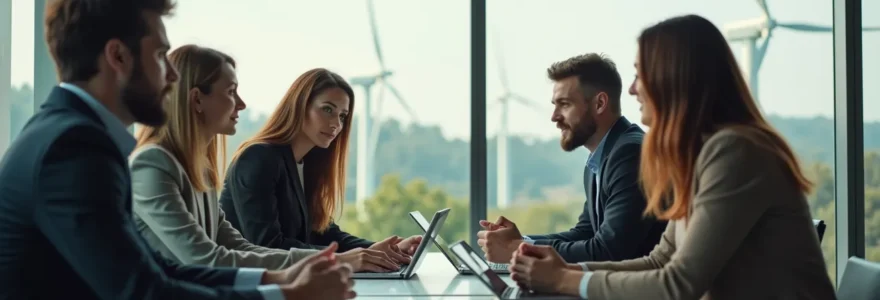 Une photographie réaliste d'une réunion professionnelle où plusieurs dirigeants discutent autour d'une grande table moderne, avec en arrière-plan des panneaux solaires et des éoliennes floues en bokeh naturel, lumière douce et ambiance dynamique