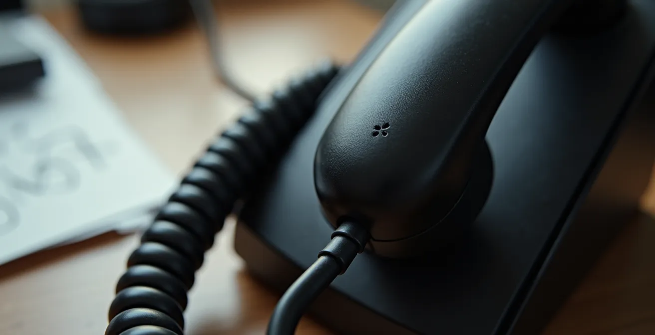 Vue macro d'un combiné téléphonique professionnel