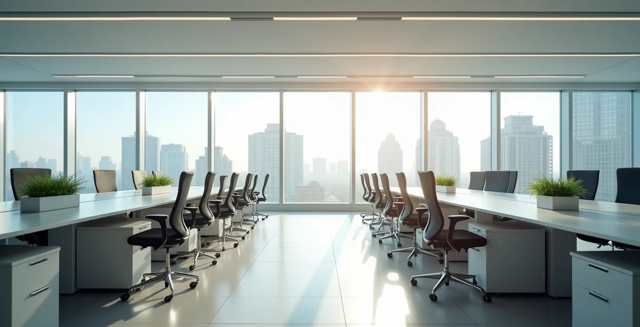 Vue intérieure d'un espace de bureau moderne avec lumière naturelle