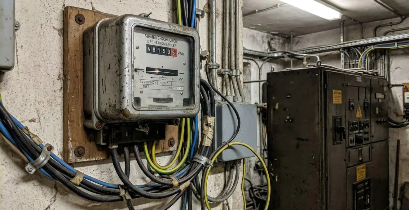 Un compteur électrique triphasé dans un local technique industriel avec câbles et armoire électrique en arrière-plan