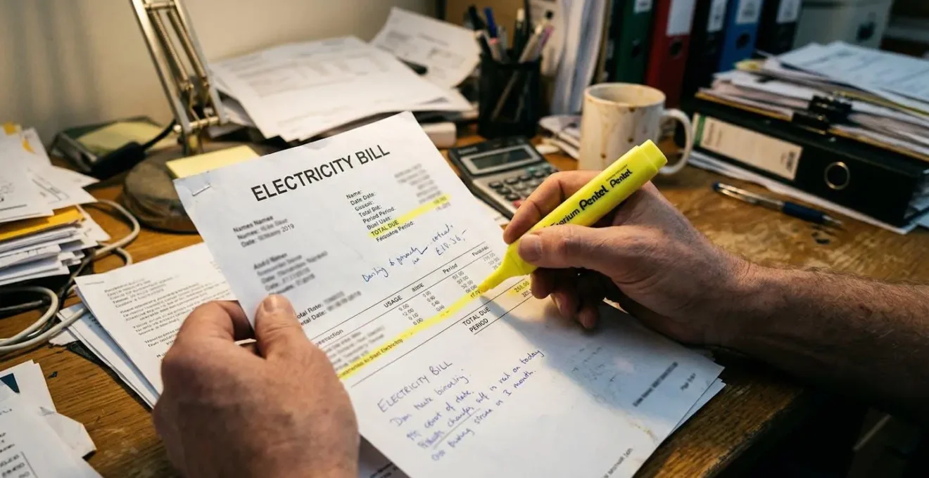 Mains d'une personne surlignant des lignes sur une facture imprimée avec un surligneur jaune, bureau encombré de documents