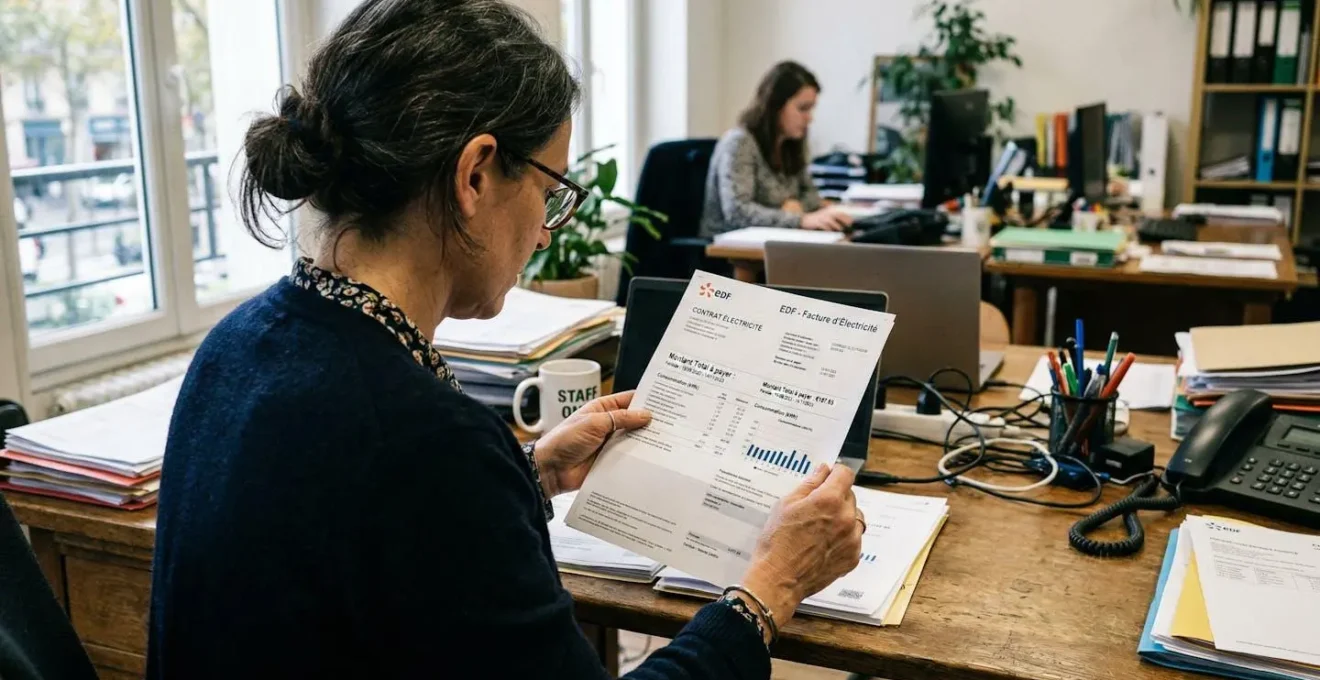Une responsable administrative concentrée examine une facture d'électricité dans son bureau, lunettes sur le nez, lumière naturelle de fenêtre