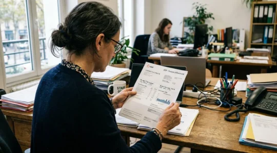 Une responsable administrative concentrée examine une facture d'électricité dans son bureau, lunettes sur le nez, lumière naturelle de fenêtre