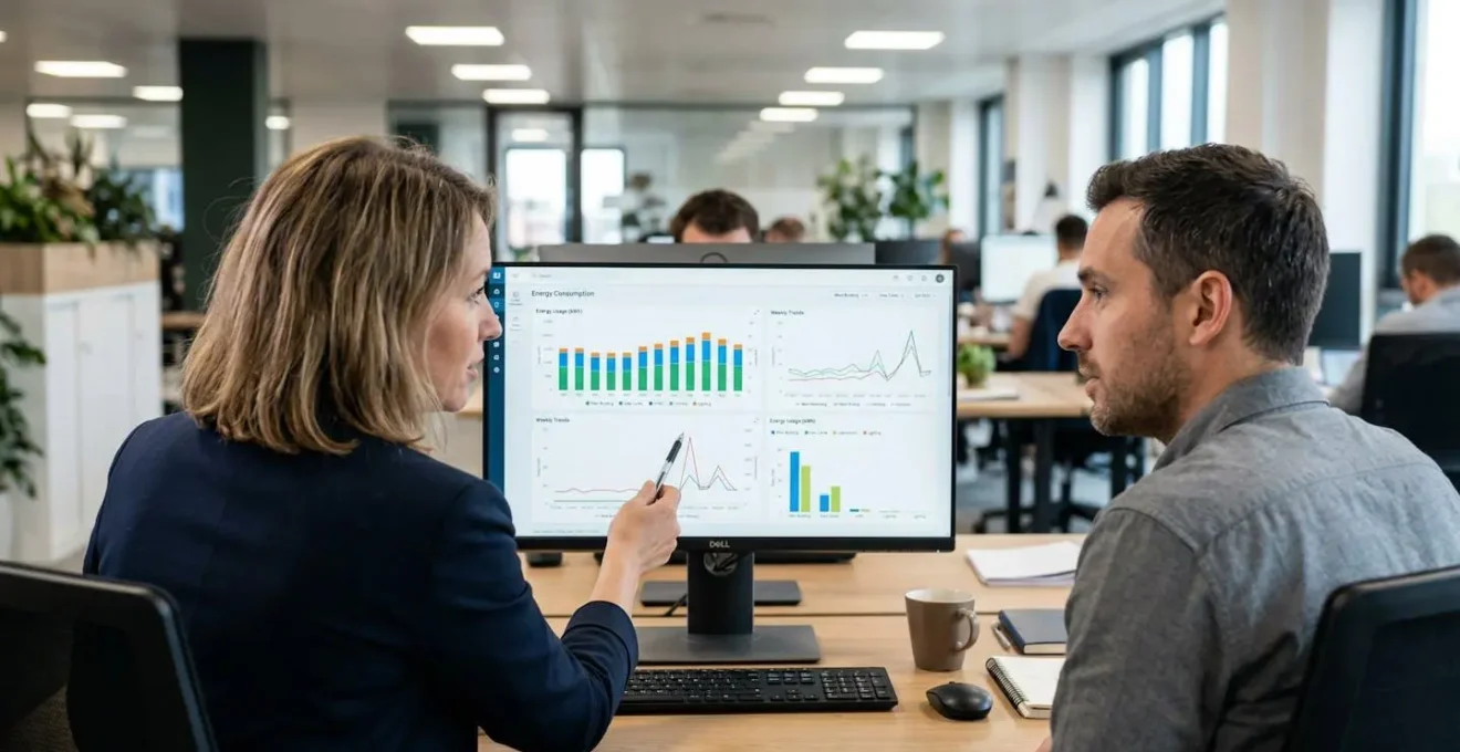 Deux professionnels analysant des graphiques de consommation énergétique sur écran d'ordinateur