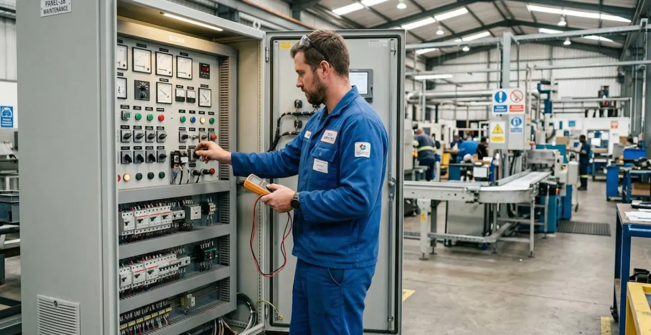 Technicien inspectant une armoire électrique haute tension en milieu industriel