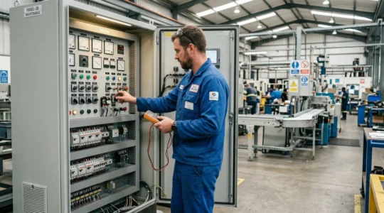 Technicien inspectant une armoire électrique haute tension en milieu industriel