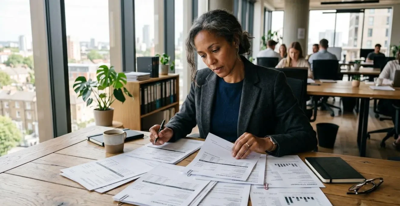 Dirigeant de PME analysant une facture d'électricité sur son bureau, expression concentrée, lumière naturelle
