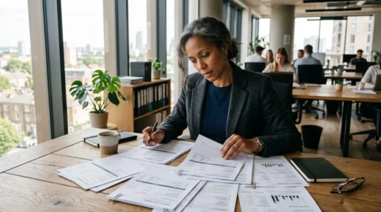 Dirigeant de PME analysant une facture d'électricité sur son bureau, expression concentrée, lumière naturelle