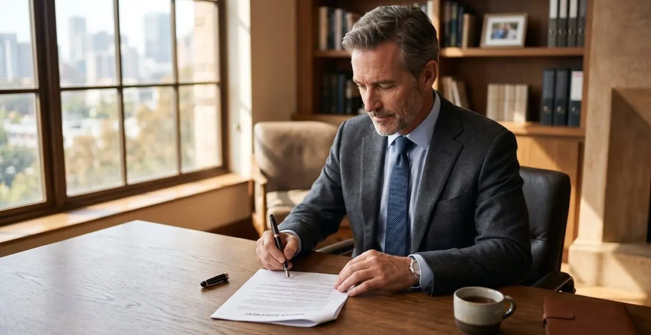 Dirigeant de PME signant un contrat d'énergie après accompagnement par un courtier spécialisé
