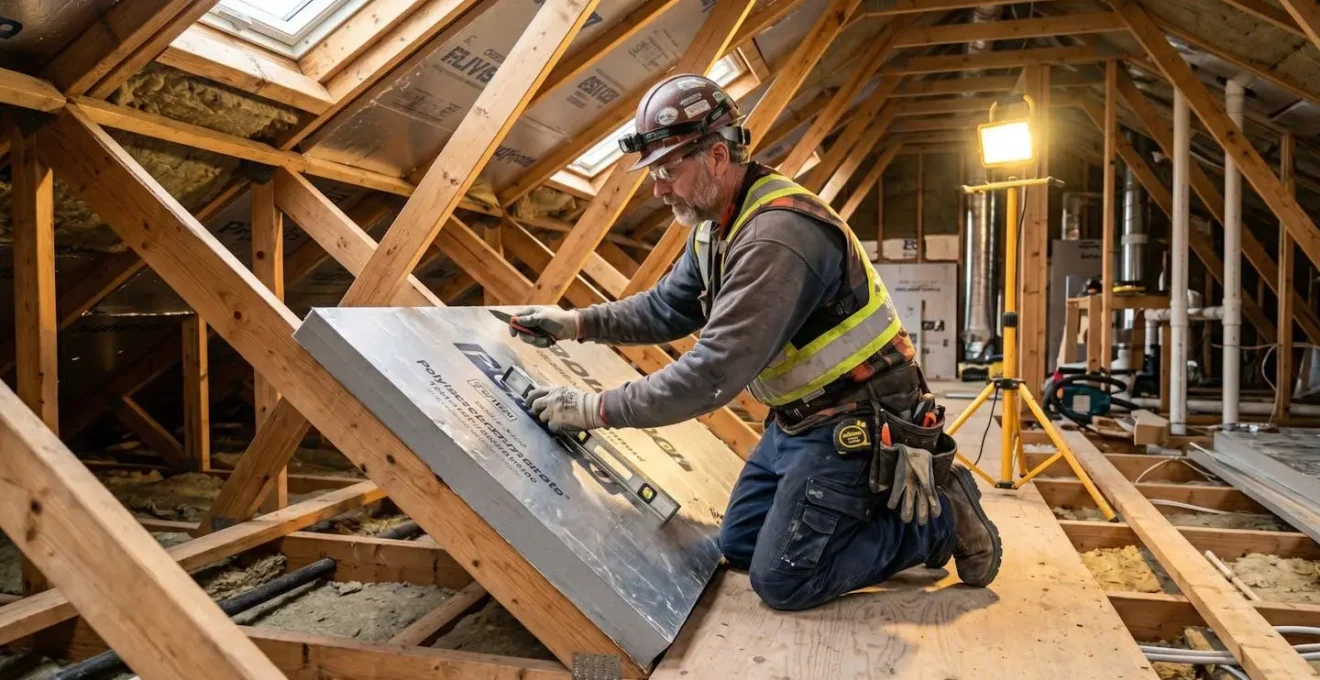Technicien posant des panneaux d'isolation thermique dans les combles d'un bâtiment professionnel, lumière de chantier chaude