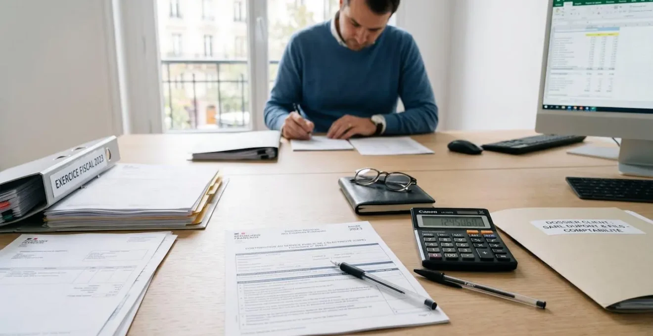 Bureau d'expert-comptable avec formulaires CSPE, calculatrice et documents administratifs organisés