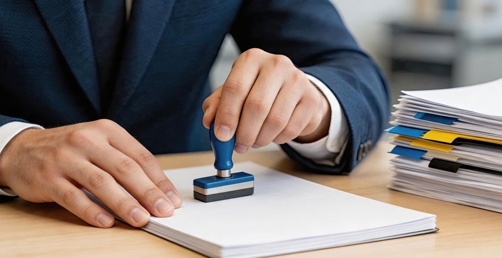 Main d'un dirigeant d'entreprise signant un document administratif officiel sur un bureau